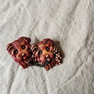 Vintage Celluloid Scottie Dogs 2 Girls Retro Pin Brooch‎ Japan Polka Dot Bow